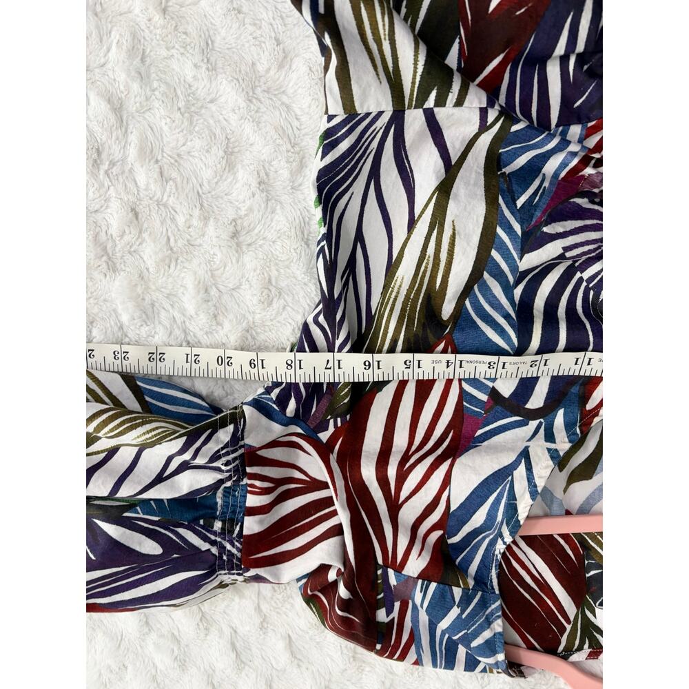 Parker Blue Green Palm Leaf Print Cotton Ruched Puff Sleeve Tropical Top M - Picture 7 of 8